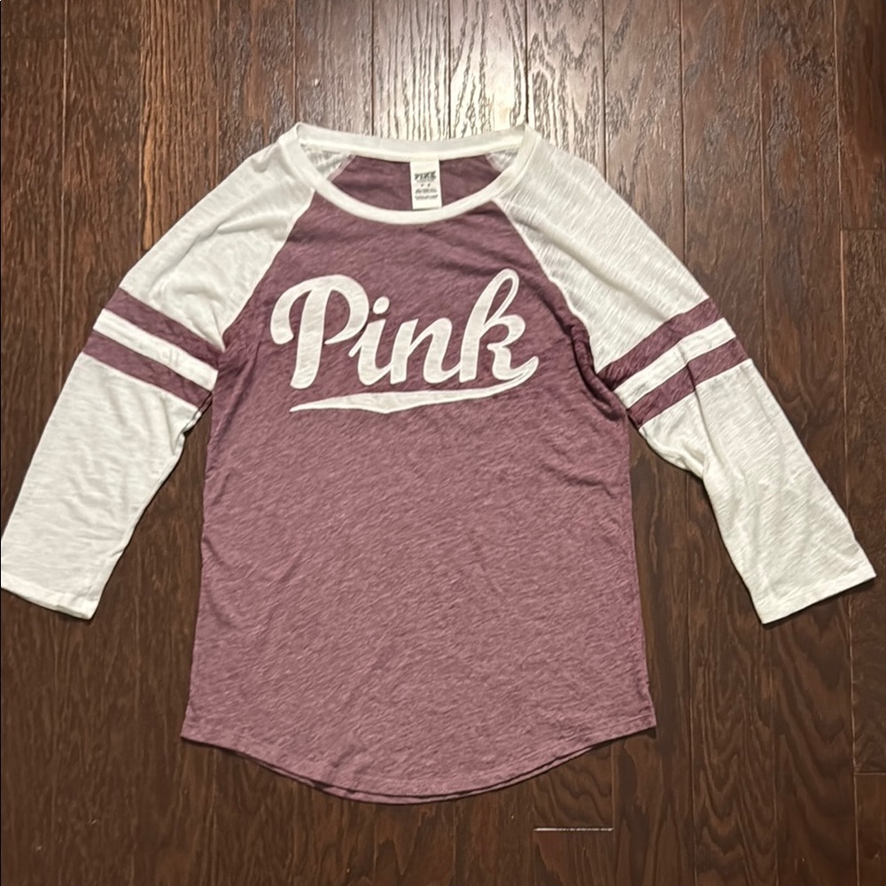 PINK Victoria's Secret 3/4 Sleeve Purple and White Tee